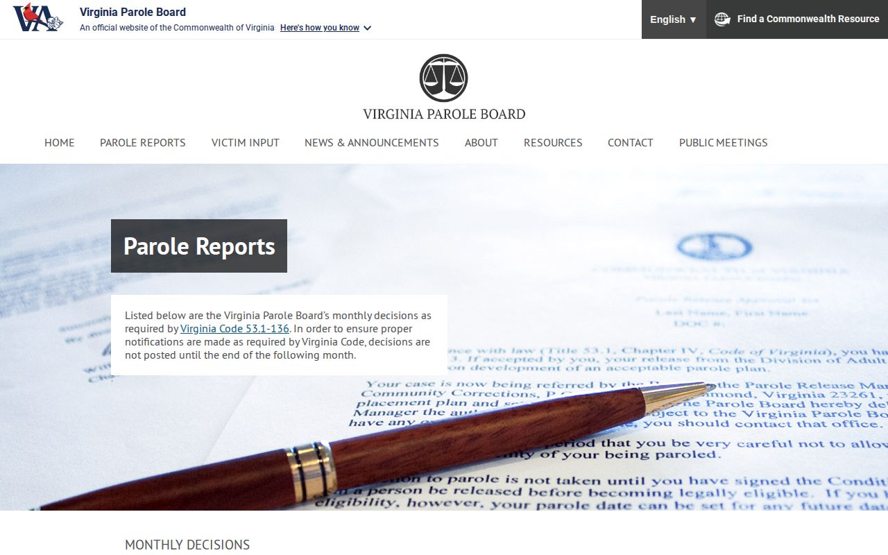 Virginia Parole Board decision reports for Montgomery County post-release supervision